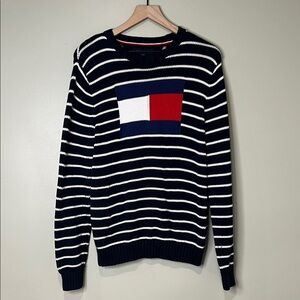 Tommy Hilfiger Logo Intarsia Stripe Sweater Men's Medium Navy and White